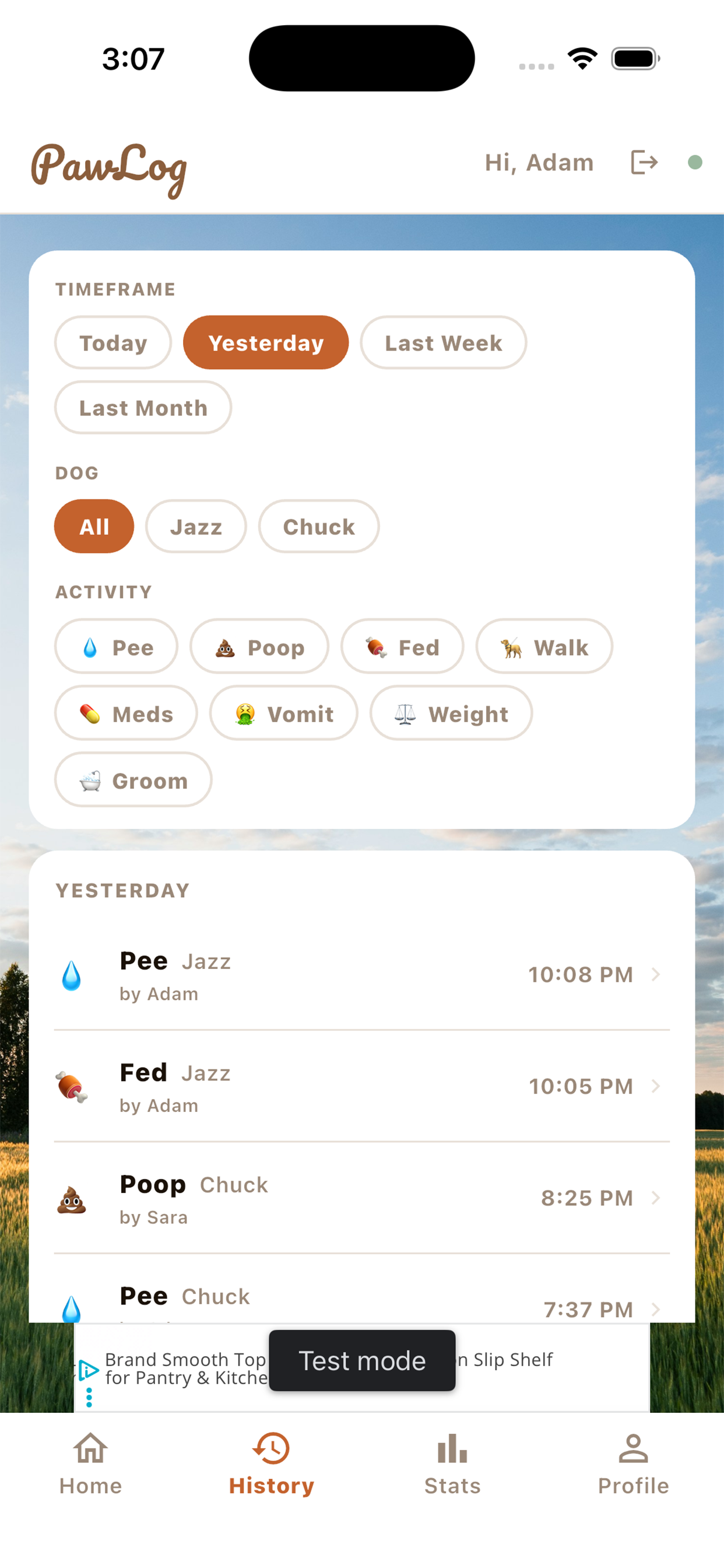 Activity log showing recent walks and meals