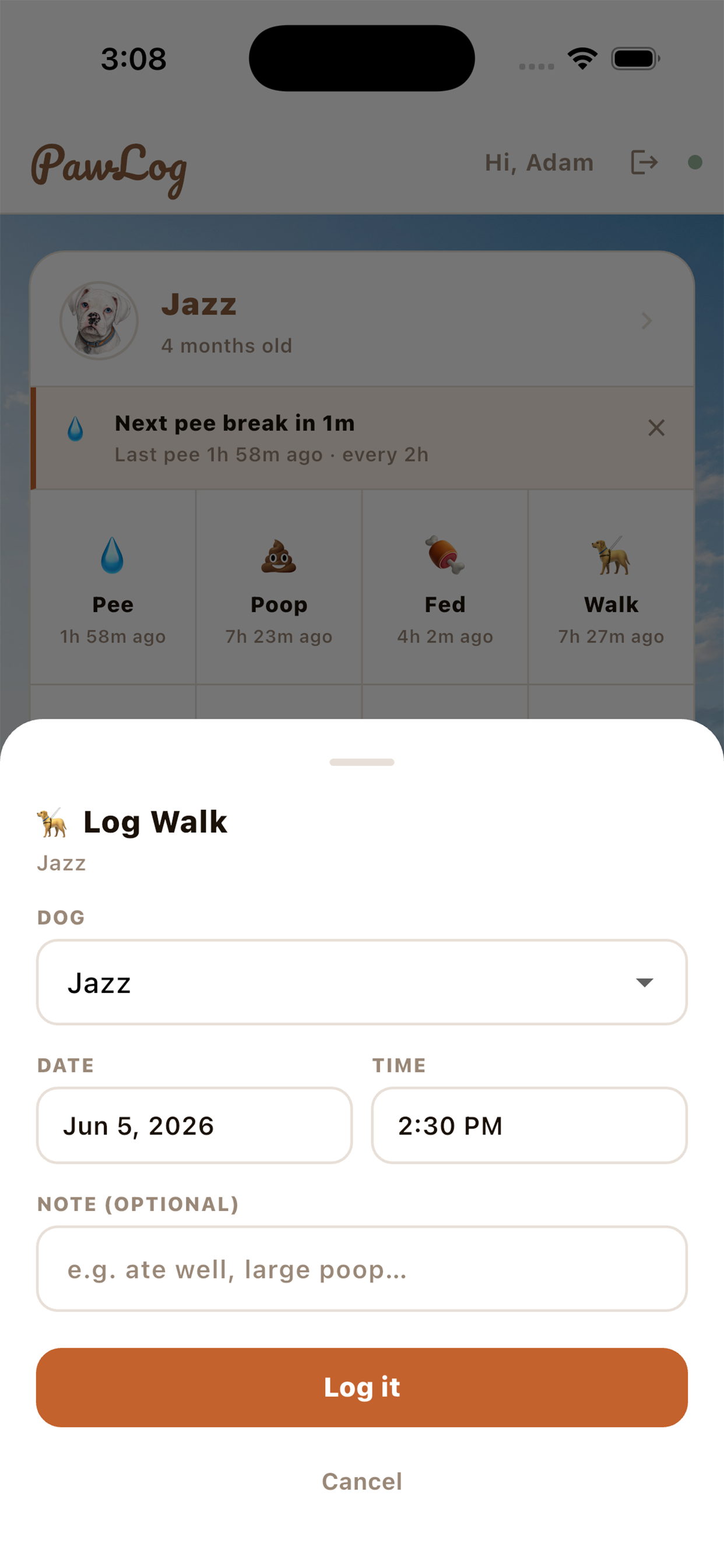 Add entry screen for logging a new health event